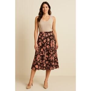 100% Silk Floral A-Line Skirt - Brown & Coral - Size 12
